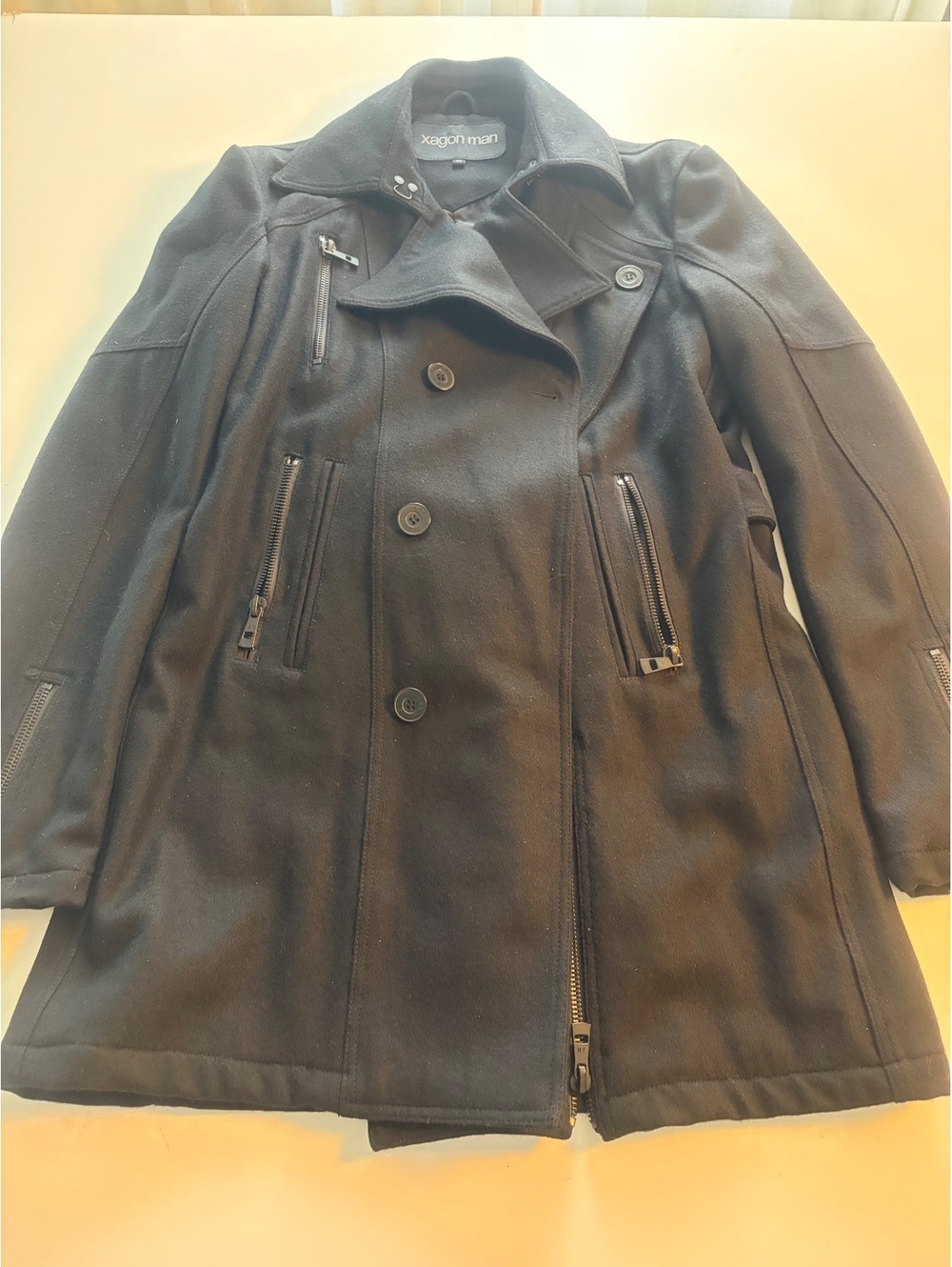 Xagon Man Men's Black Wool Blend Double-Breasted Coat Size